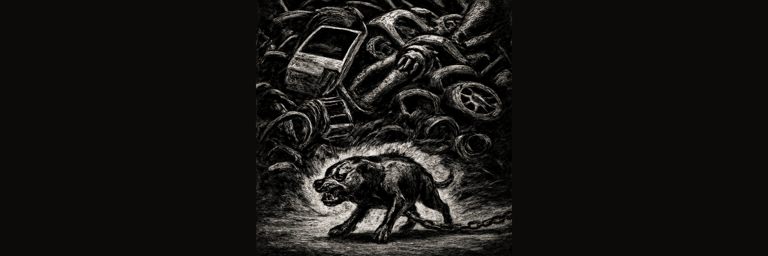 a small snarling scruffy dog dwarfed by a towering mountain of scrap metal, junkyard at night, heavy charcoal comic art